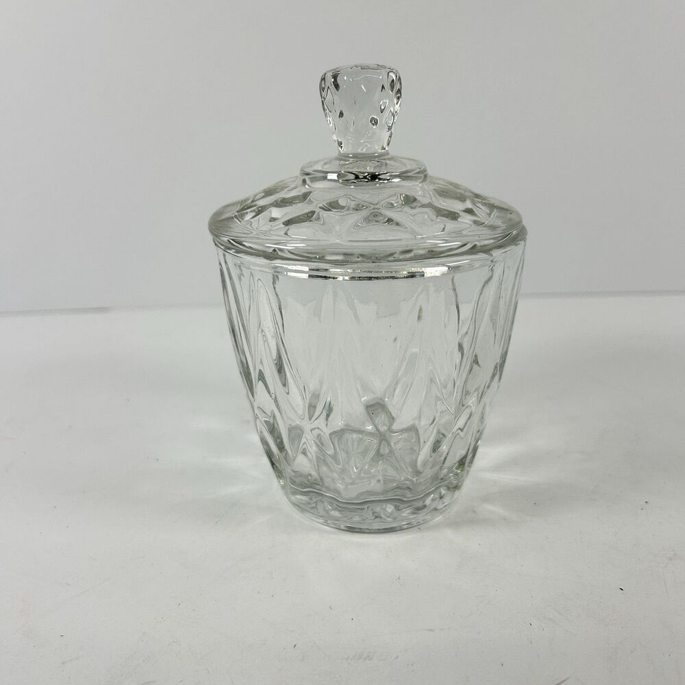 Vintage Clear Pressed Glass Lidded Sugar Bowl Covered Candy Jam Dish Geometric